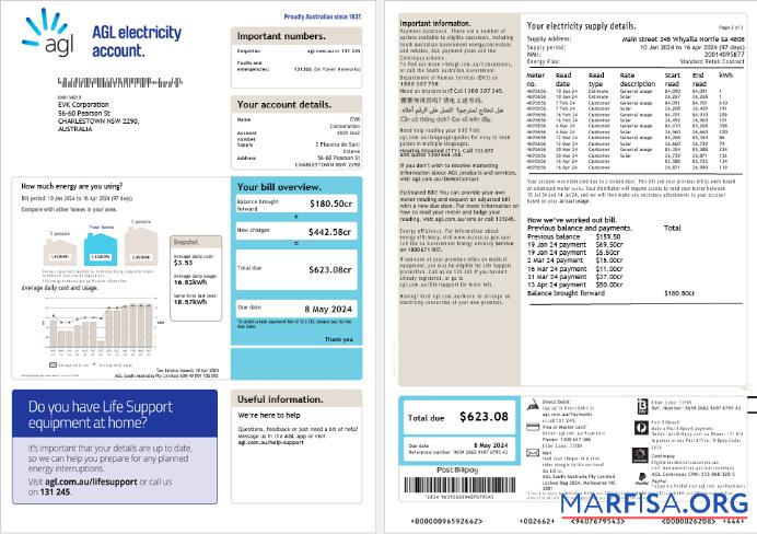 Realistic Australia AGL electricity account energy business utility bill, 3 pages, version 2 template